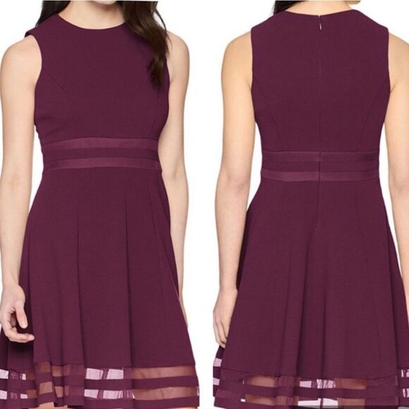 Calvin Klein Illusion Trim Fit and Flare Cabernet Sleeveless Dress - Picture 1 of 10